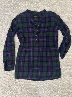 Flyshacker Plaid Tunic Top/Dress Women Small Green Purple Roll Tab Sleeve Cotton